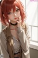 Anime girl with red hair wearing a brown jacket and a black choker.