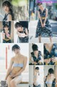 A collage of photos of a woman in a blue dress.