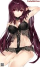 A woman with long purple hair wearing a black lingerie.