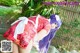 A woman in a red and white kimono is posing for a picture.